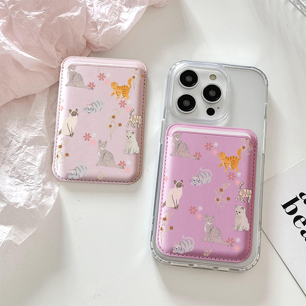 Card Holder Slim Case - Cute Kitty Illustration Leather Phone Card