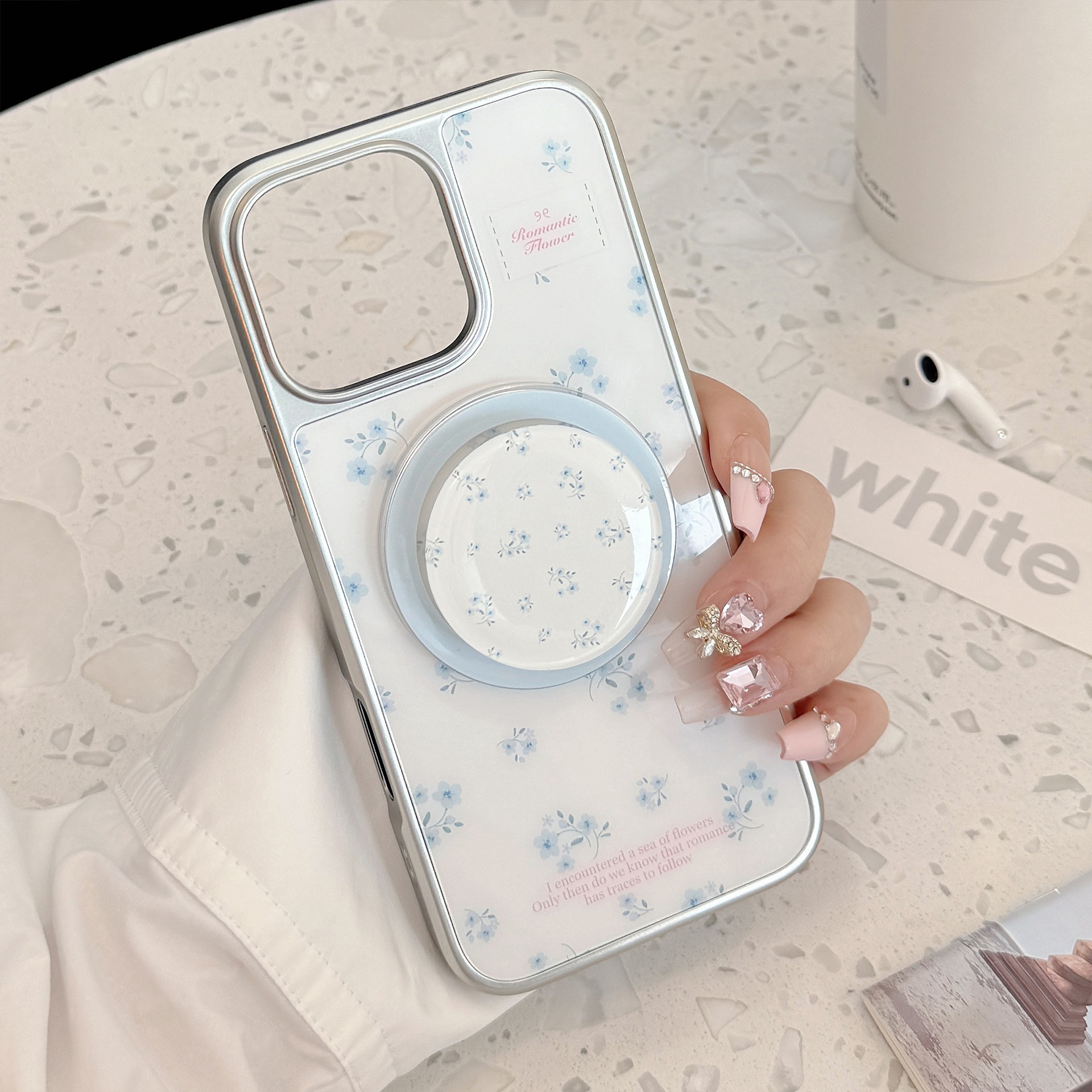 Korean Floral Silver Edge Plat - Phone Cases Girly のレビューと価格