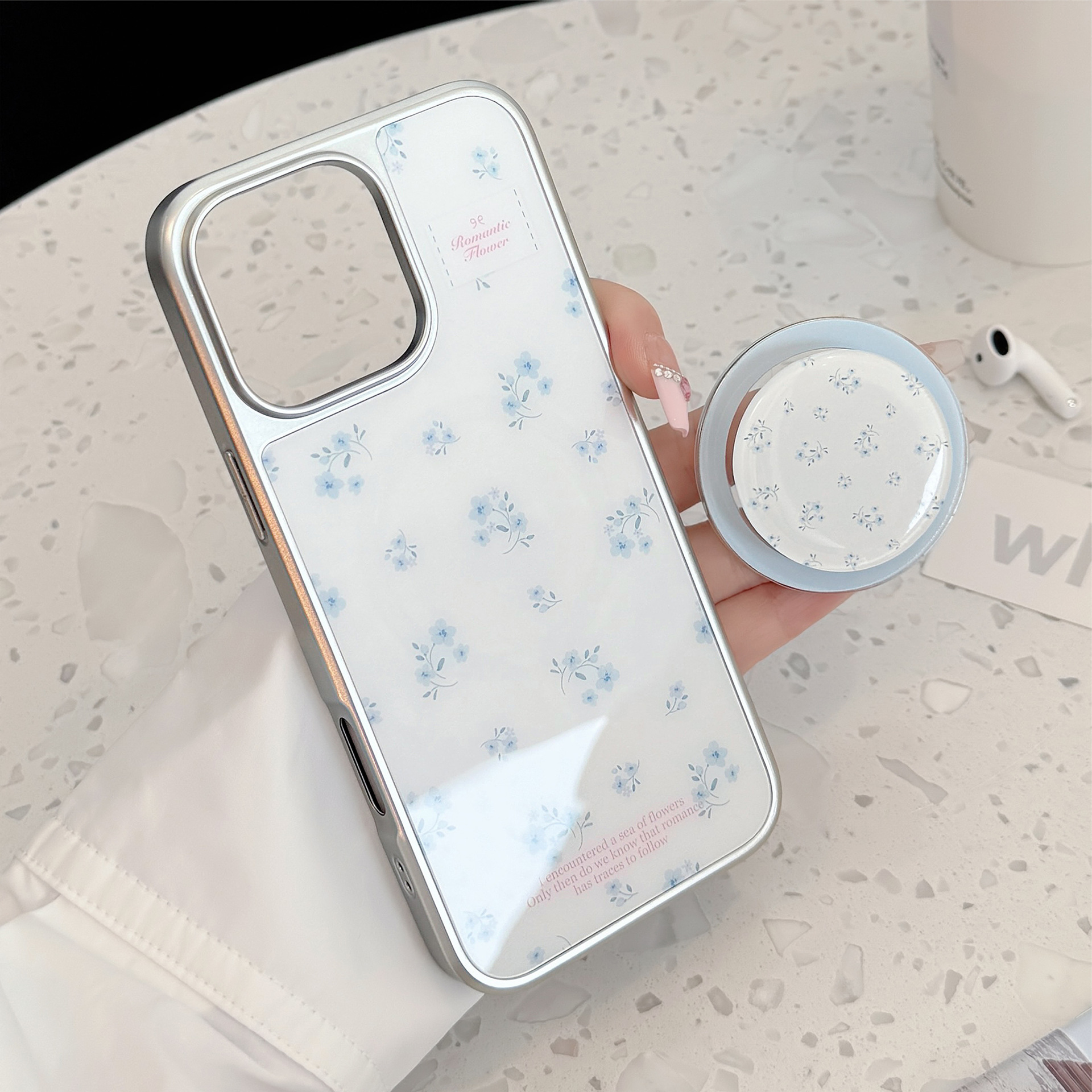 Korean Floral Silver Edge Plat - Phone Cases Girly のレビューと価格